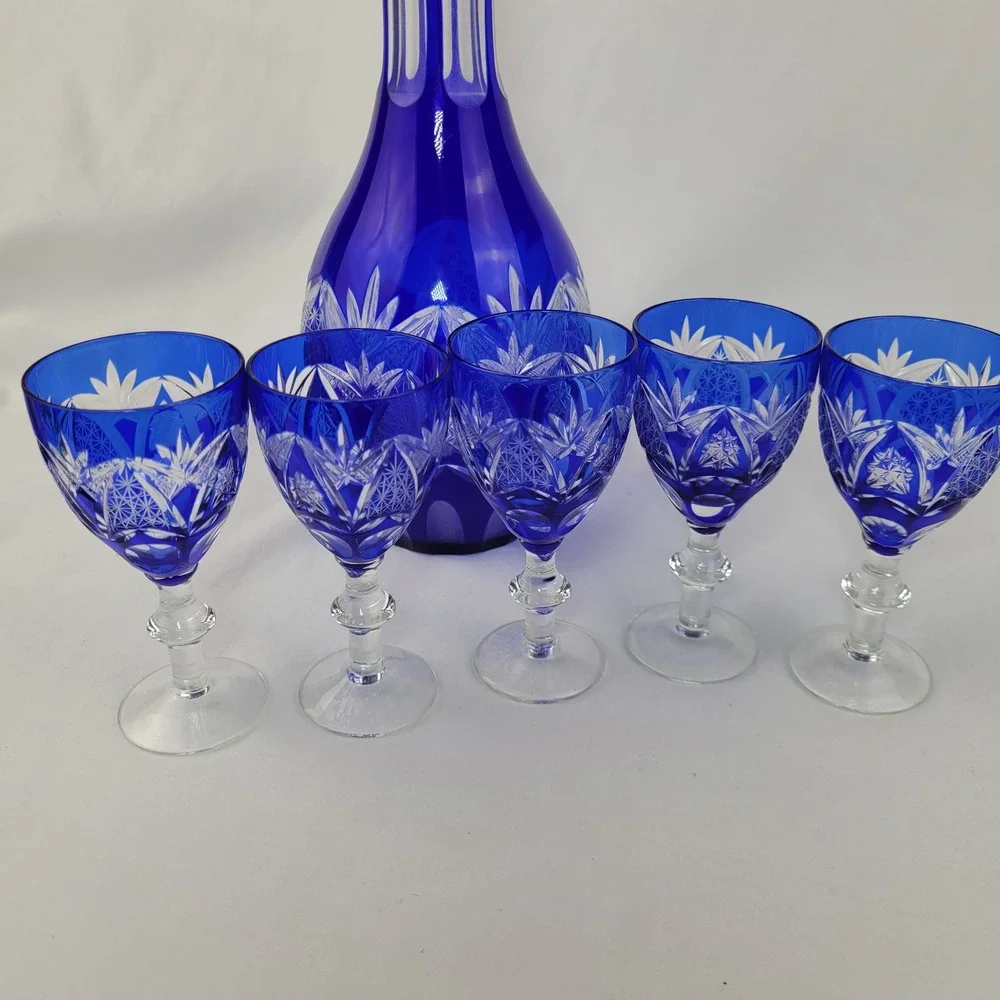 Vintage Bohemian Cobalt Blue Cut to Clear Crystal Decanter 5 Cordial Glasses Set